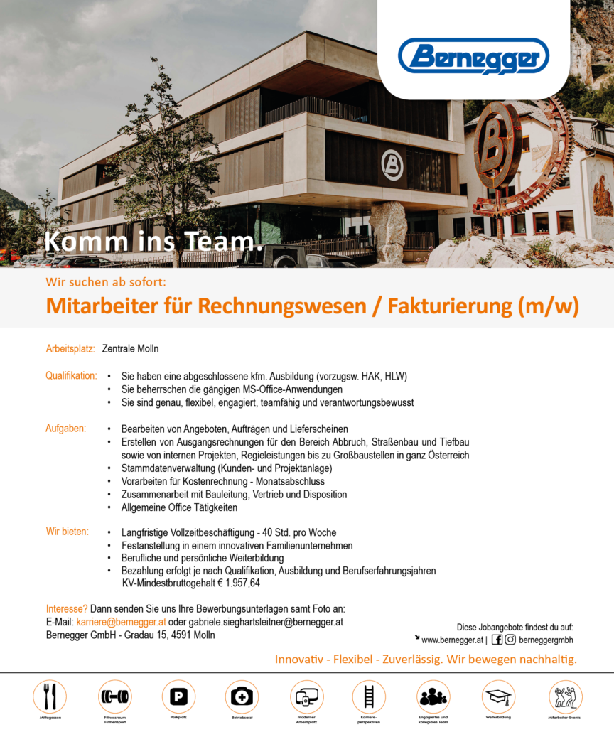 Mitarbeiter für Rechnungswesen / Fakturierung (m/w) 1 Bernegger Mitarbeiter fuer Rechnungswesen Fakturierung m w