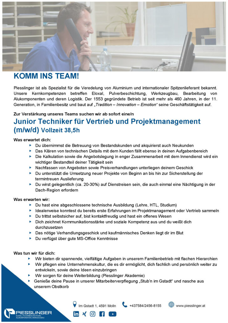 Junior Techniker für Vertrieb und Projektmanagement (m/w/d) 1 Junior Projektleiter und Vertrieb