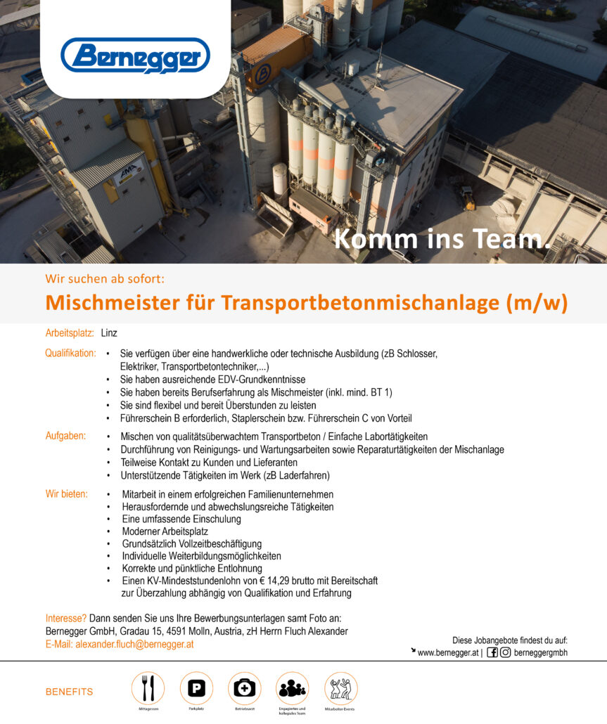 Mischmeister für Transportbetonmischanlage (m/w) 1 Stelleninserat MischmeisterTransportbeton Linz