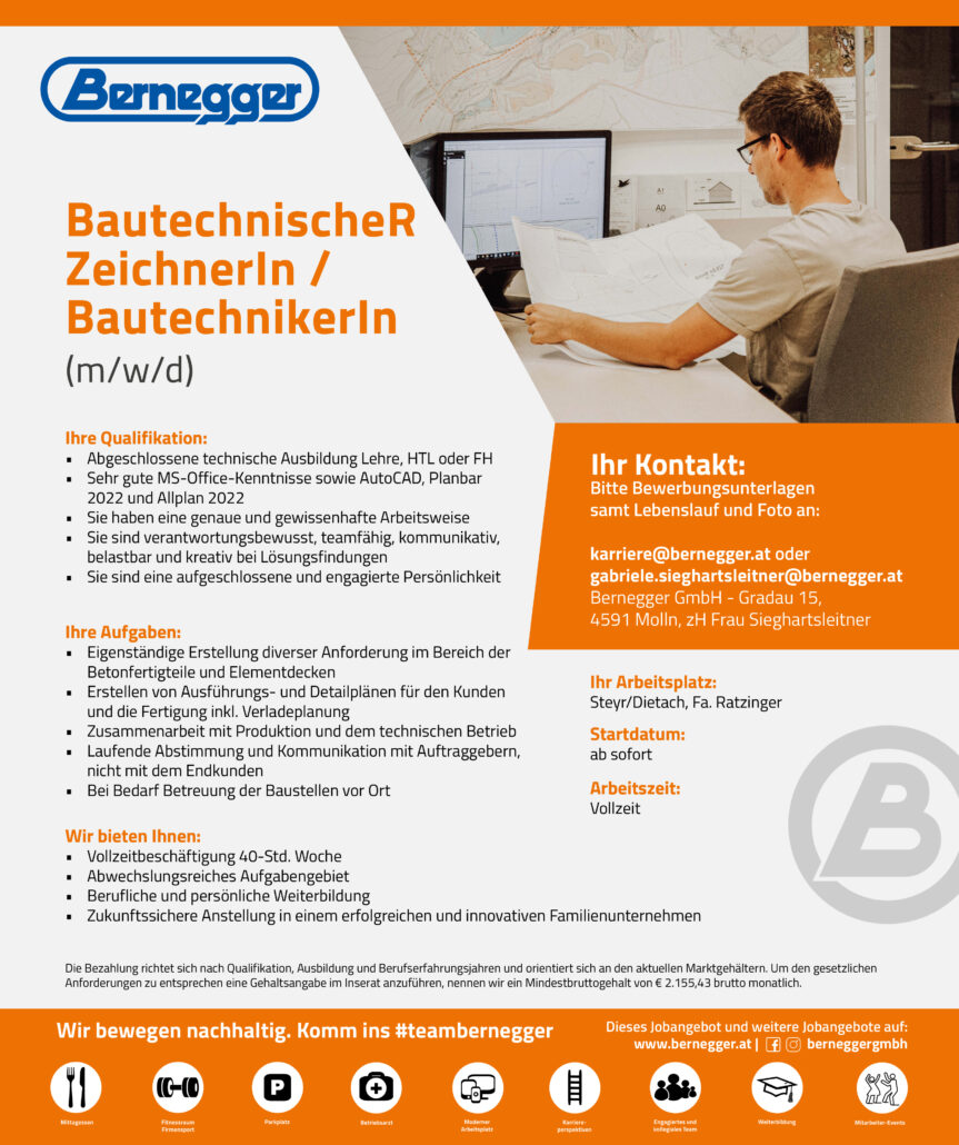 BautechnischeR ZeichnerIn/BautechnikerIn (m/w/d) 1 Stelleninserat 2022 BautechnischerZeichnerIn