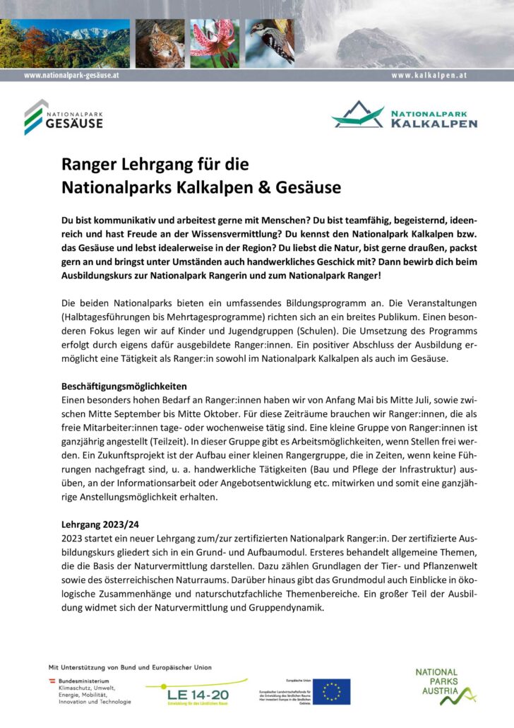 Ausschreibung Rangerlehrgang 2023 NP Kalkalpen und Gesaeuse 1