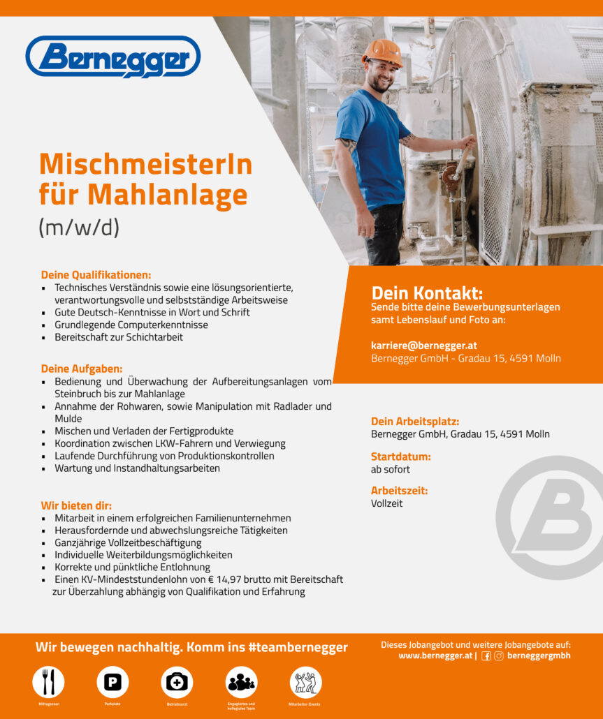 MischmeisterIn für Mahlanlage (m/w/d) 1 Stelleninserat 2023 MischmeisterIn Mahlanlage