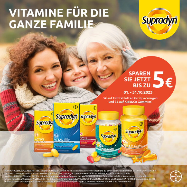 ANGEBOT: SUPRADYN Vitamine in den Vitaminwochen um bis zu 5€ günstiger. Angebot gültig von 1. – 31. Oktober 2023. Solange der Vorrat reicht.