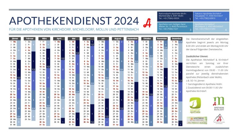 Notdienst Kalender 2024 der Nationalpark-Apotheke Molln