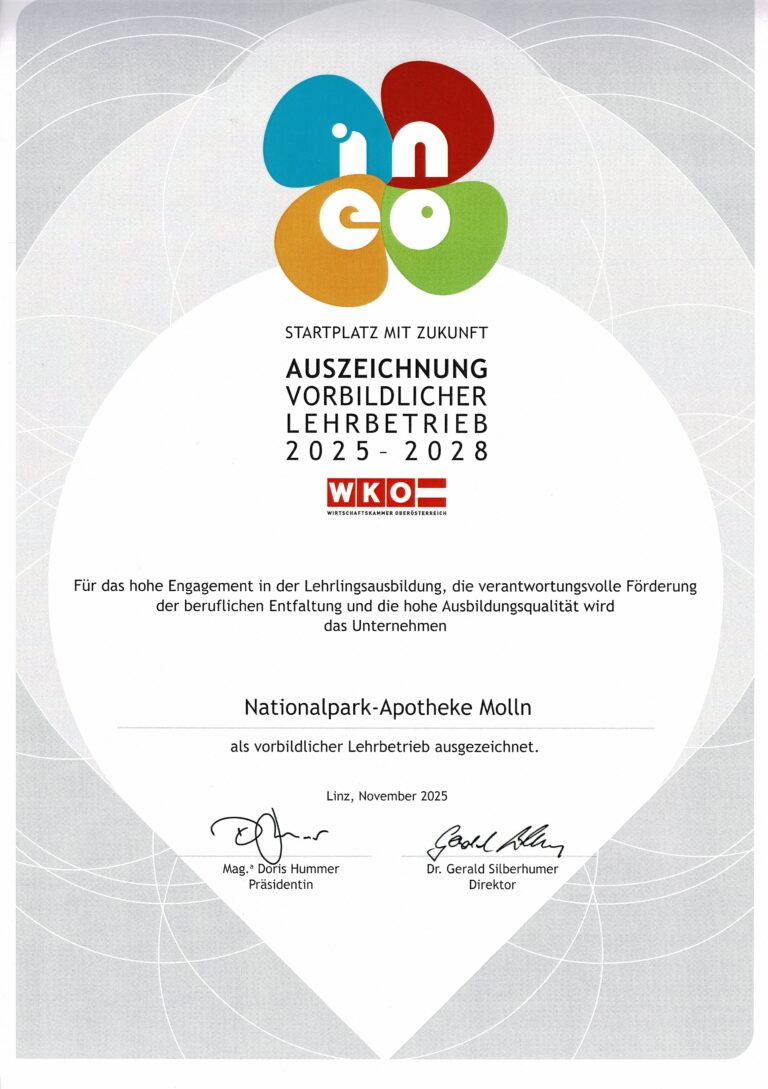 Die Nationalpark-Apotheke Molln setzt auf Qualität und Erfahrung in der PKA- Lehrlingsausbildung.