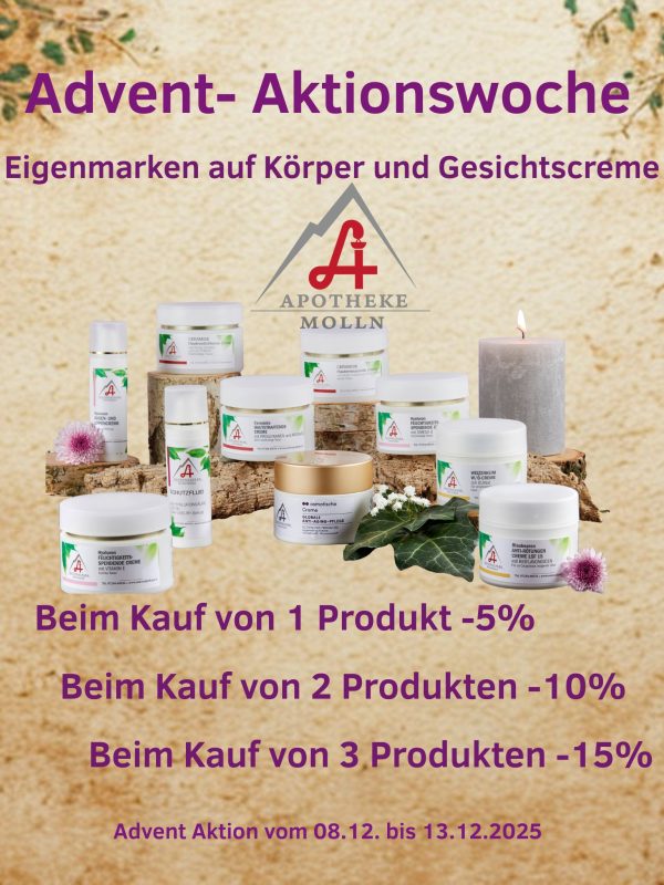 Beim Kauf von 1 Produkt -5% Beim Kauf von 2 Produkten -10% Beim Kauf von 3 Produkten -15% Advent Aktion vom 08.12. bis 13.12.2025